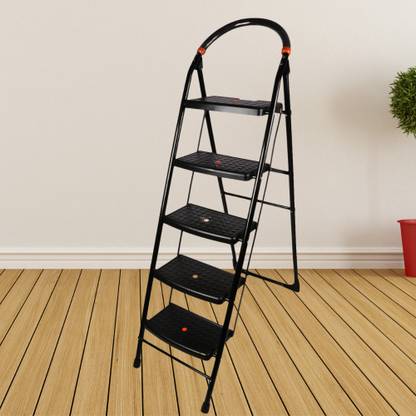 Branco Premium Heavy Foldable Milano 5 Steps Ladder with Wide Steps & Anti-Skid Shoes - Black Steel Ladder (With Platform, Hand Rail) Steel, Plastic Ladder