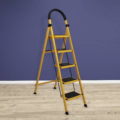 Plantex Compact Foldable 5-Step for Home - Wide Anti Skid (Yellow & Black) Steel Ladder
