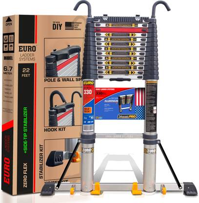EURO Telescopic ladder 6.7 meter ( 22.5 ft ) - Pole Grip - Hook Kit - SideStabilizer Aluminium Ladder