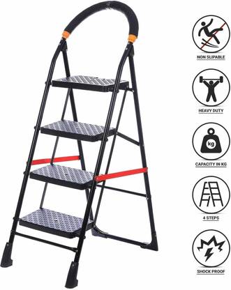 Shree Enterprises by Shree Shree Black Heavy Folding Ladder with Wide Steps for Home and Office (4 Steps) Steel, Plastic Ladder
