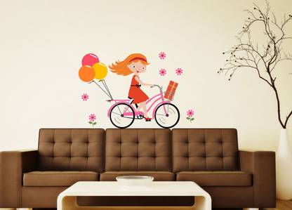 Epithet Studio 65 cm Cute Little Girl on Cycle Balloons 60CM X 91CMWall Sticker ASD Self Adhesive Sticker