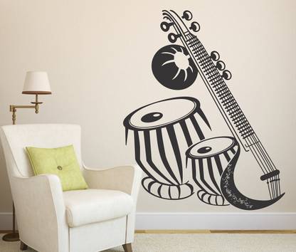 WALLDECORS 60.96 cm WALLDECOR MUSICAL INSTRUMENTS TABELA & VEENA IMAGE Self Adhesive Sticker