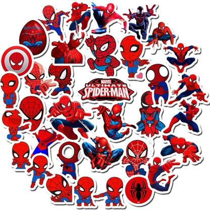 HASTHIP 5 cm 35Pcs Spiderman Superhero Waterproof Stickers for Water Bottles Helmets Car Bike Self Adhesive Sticker