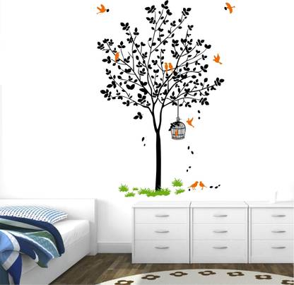 Decal O Decal 120 cm ' Black Tree With Birds Cage And Nest ' Self Adhesive Sticker