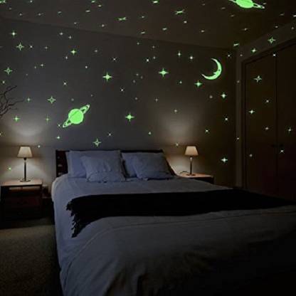 DreamKraft 7.62 cm Glow in the Dark Galaxy of Stars with Moon Radium Night Wall Stickers for Kids (4 Sheet of Stickers) Glow in the Dark Sticker