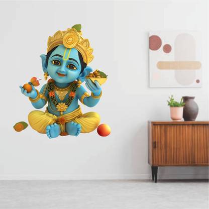 pfdecore 18 inch Vishu - Cartoon image of Lord Ganesha on chair wall sticker Glow in the Dark Sticker