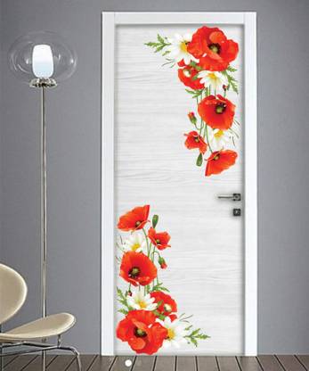 The Decor house 38 cm red floral door design(38x121) Self Adhesive Sticker