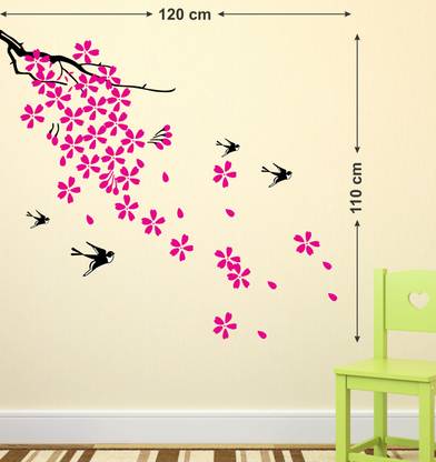 WALL STICKS 76.2 cm PINK FLOWER TREE WITH BIRDS FLYING WALL STICKER Self Adhesive Sticker