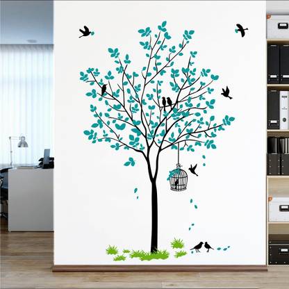 Decal O Decal 1 cm Blue Tree With Birds Cage And Nest Self Adhesive Sticker