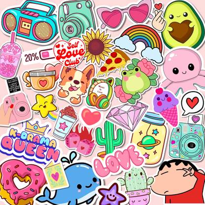 The K Fandom 21 cm Cute Stickers Total 90 Laptop Stickers | Kawaii Sticker Set | Waterproof Vinyl Self Adhesive Sticker