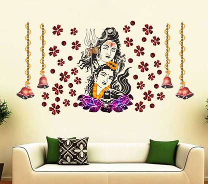 DivineDesigns 46 cm Colorful Shiv Parvati Ji with Leaves & Bells Wall Sticker Self Adhesive Sticker