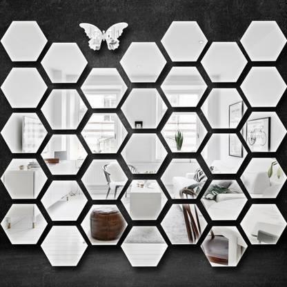 Chote Mote Seller 12 cm 30 Hexagon with 20 butterfly silver mirror sticker for wall 3D acrylic sticker Self Adhesive Sticker