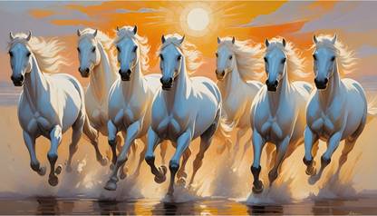 Home Decor Wall Decor Vastu Items for Home - Seven Horses Vastu Painting, 7 Horses Vastu Frame with Rising Sun, 12 x 21 Inch 220 GSM Sunrise Poster with Double Side Tape, Packed in Paper Core Tube Photographic Paper