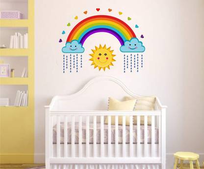 INKEDIFY 80 cm ' Rainbow with Sun and Clouds ' Kids Wall Stickers (PVC Vinyl,Multicolour) Self Adhesive Sticker