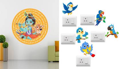 Walltech 14 cm Flute krishna with hare krishna Slogan Twitter bird Switch Board Sticker Self Adhesive Sticker