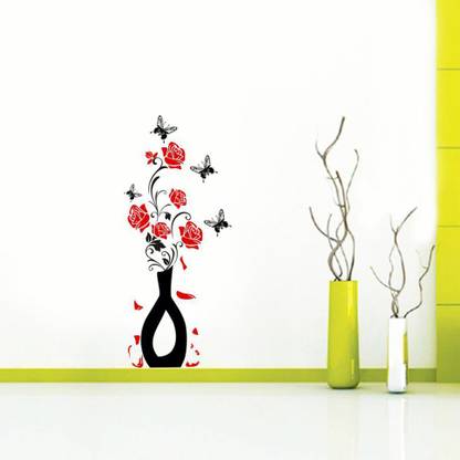 Stickerberry 86 cm Flowerpot with Butterfly Wall sticker 37 CM X 86 CM Self Adhesive Sticker