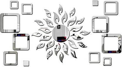 Bikri Kendra 45 cm Acrylic Glass Mirror 3D Sun with 2 Square Silver Wall Mount Stickers Self Adhesive Sticker