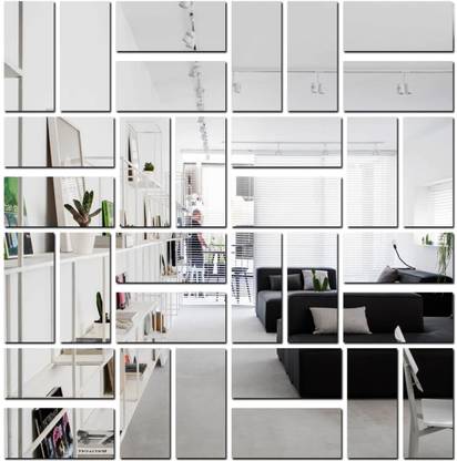 Bikri Kendra 15 cm 35 Rectangle Silver Mirror Sticker for wall Acrylic Sticker Self Adhesive Sticker