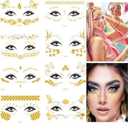 HASTHIP Metallic Face Temporary Tattoo Stickers, 8 Sheets Eye Makeup Face Freckle