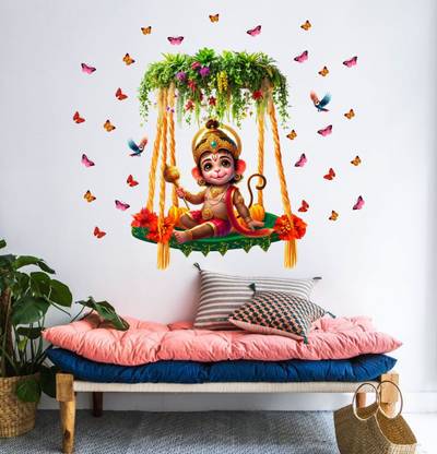 STICKER STUDIO 51 cm Little Hanumanji on swing with Butterflies Wall Sticker Wall Sticker Self Adhesive Sticker