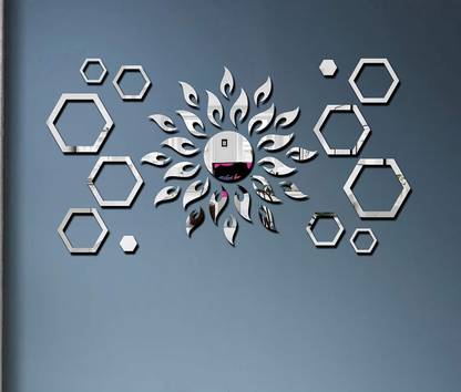 Chote Mote Seller 45 cm Sun with 2 set hexagon ring silver 3D acrylic sticker for wall Self Adhesive Sticker