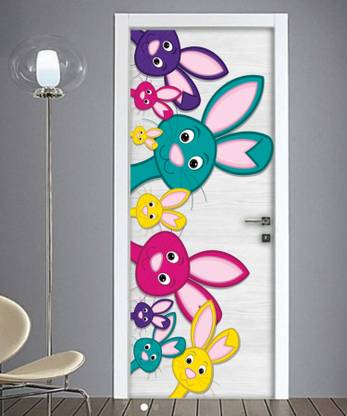 SAI DESIGNS 35 cm multi colour rabbits door design(35x86) Self Adhesive Sticker