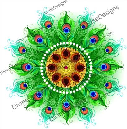 DivineDesigns 41 cm Peacock Feathers Diya Rangoli Self Adhesive Sticker