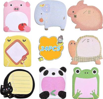 HASTHIP 9 cm 24 Pack Sticky Notes, Cute Sticky Notes, 8 Cartoon Patterns Sticky Notes Set Self Adhesive Sticker