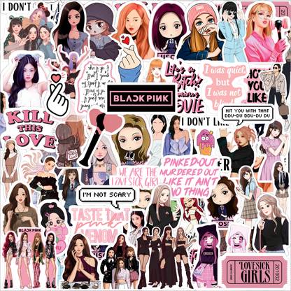 twinster 3.81 cm Set Of 52 Black Pink Stickers Kpop Sticker For Laptop,Phone Case,Journal Sticker Self Adhesive Sticker
