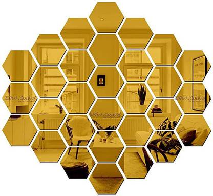 Bikri Kendra 12 cm Hexagon 30 Golden Acrylic Mirror Wall Stickers Self Adhesive Sticker