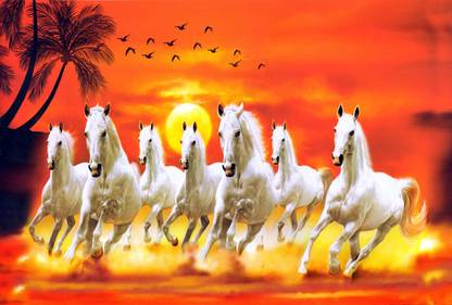 ShubhFly 48 cm Seven Horses Sticker - Vastu Seven White Horses Running Stickers for Wall Decor Self Adhesive Sticker
