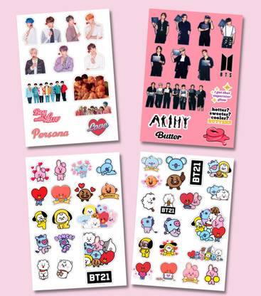 The K Fandom 21 cm BTS - BT21 Stickers ( Pack of 4 Sheets ) Total 65 Stickers Self Adhesive Sticker