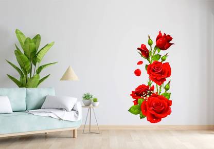 fa creation 64 cm Red Rose Flower Wall Sticker Self Adhesive Sticker