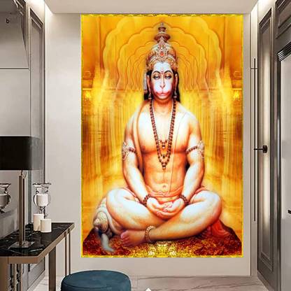 Emo 116.1288 cm Hanuman ji dhyan mudra high resolution wall sticker, mandir office,home 18x12inc Self Adhesive Sticker