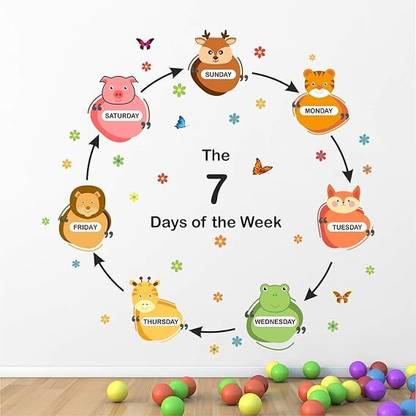 SAM 42 cm '7 Days Of The Week Chart- Animals -Baby -Kids -Wall Sticker'(Size-42X20Cm) Self Adhesive Sticker