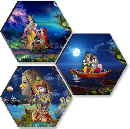 saf 17 inch Radha Krishna Set OF 3 Hexagon UV Textured Self adhesive Wall Painting Self Adhesive Sticker