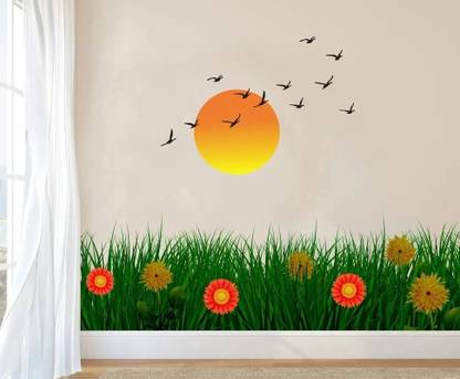 GLOBAL GRAPHICS 98 cm Beautiful Yellow Sunset fly Birds With Green Grass Decorative wall Stickers ( PVC Vinyl ) Self Adhesive Sticker
