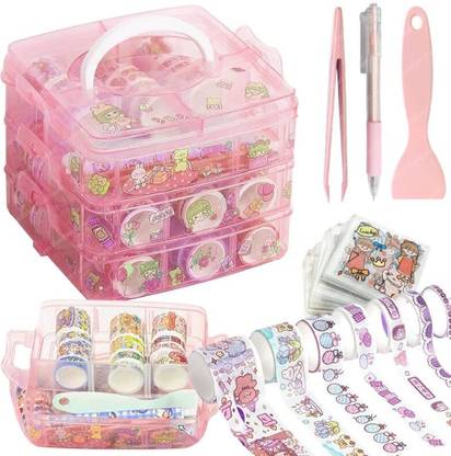 NESTIFY 14 cm Washi Tape Set 100 Pcs with Stickers Tools in 3 Layer Box for DIY Art Craft Removable Sticker