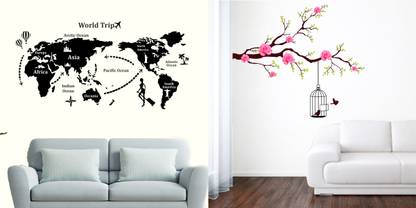 Flipkart SmartBuy 1 cm Education World Map School::Rose Flower Branch & Cage Birds Self Adhesive Sticker
