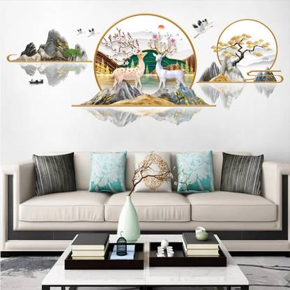 JAAMSO ROYALS 90 cm Plum Deer & Chinese Style Landscape Vinyl Wall Decor Wall Sticker (60CM x 90CM) Self Adhesive Sticker
