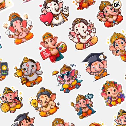 Faztroo 5 cm Set of 30 Bal Ganesha Stickers – Adorable Lord Ganesha Illustrations Self Adhesive Sticker