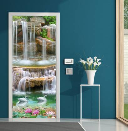 We Kreate 213 cm 3D Embossed Water Fall Nature Door wallpaper Self Adhesive Sticker