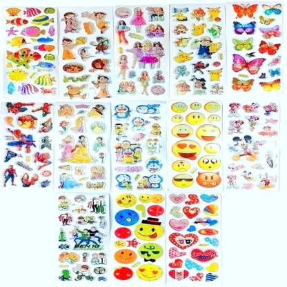 Super Easy 0.9 cm Cartoon Character Puffy 3D Cute Funny Stickers (10 Sheets) Self Adhesive Sticker