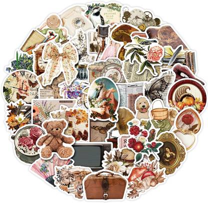 HASTHIP 6.35 cm 50pcs Vintage Stickers Scrapbook Paper Supplies Pack for Scrapbooking Stickers Non-Reusable Sticker