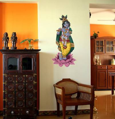 WALLDESIGN Krishna On A Lotus Painted - 2ft Height 2ft (H) By 1ft (W) Removable Sticker