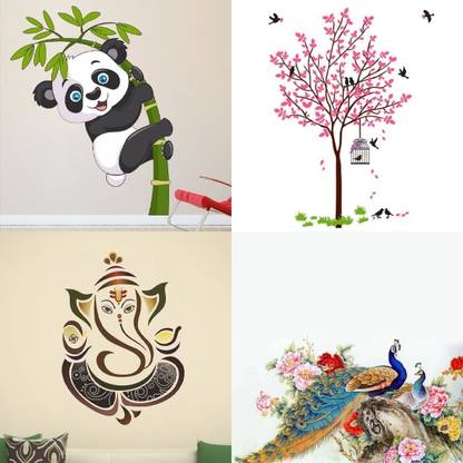 APTIO 45 cm Wall Sticker Panda Pink Tree Bird & Nest Royal Ganesh Royal Peacock_Set of 4 Self Adhesive Sticker