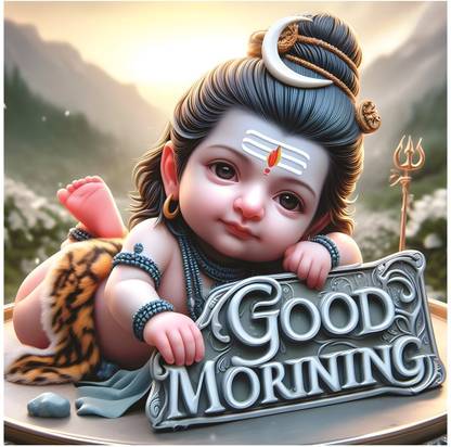 Bal Shiv With Good Morning God Wall Poster for Pooja Room, Livingroom, Bedroom, Office, Kidsroom (Size - 41 CM x 41 CM) Vinyl
