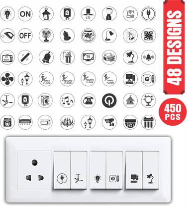 RAIMO 1.5 cm Transparent Switch ID Stickers for Switch Boards, 48 Designs, Pack of 450 Pieces Self Adhesive Sticker