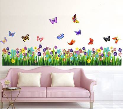 GLOBAL GRAPHICS 122 cm Beautiful Grass colorful butterflyes wall multicolor wall sticker for made home beautiful Reusable Sticker