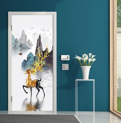 We Kreate 213 cm 3D Embossed Golden Deer wallpaper Self Adhesive Sticker